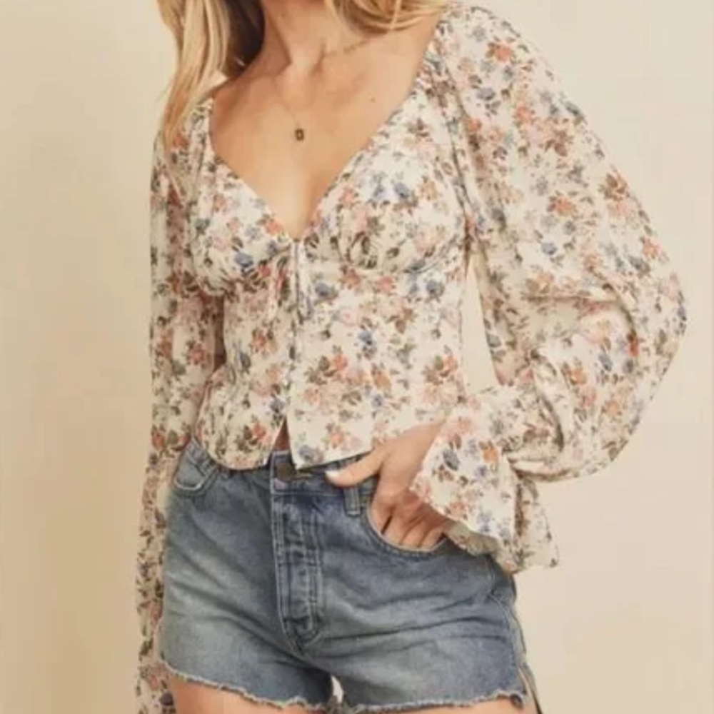 Dress Forum Women S Floral Boho Cottagecore Long Sleeve Aurora Crop Blouse NWT